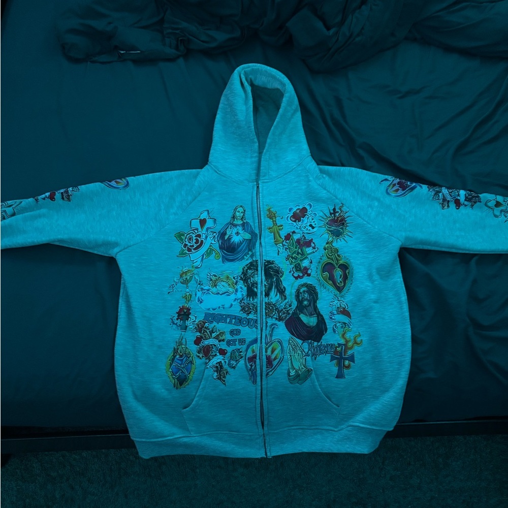 Men's Graphic Zip-Up Sweater - Gray